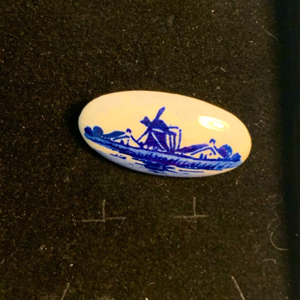 Vintage Porcelain Blue and White Brooch